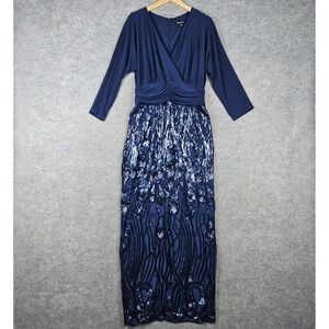 Brianna Womens Blue Gown Size 12 Poly Blend Sequin Surplice V-Neck Ruched Formal